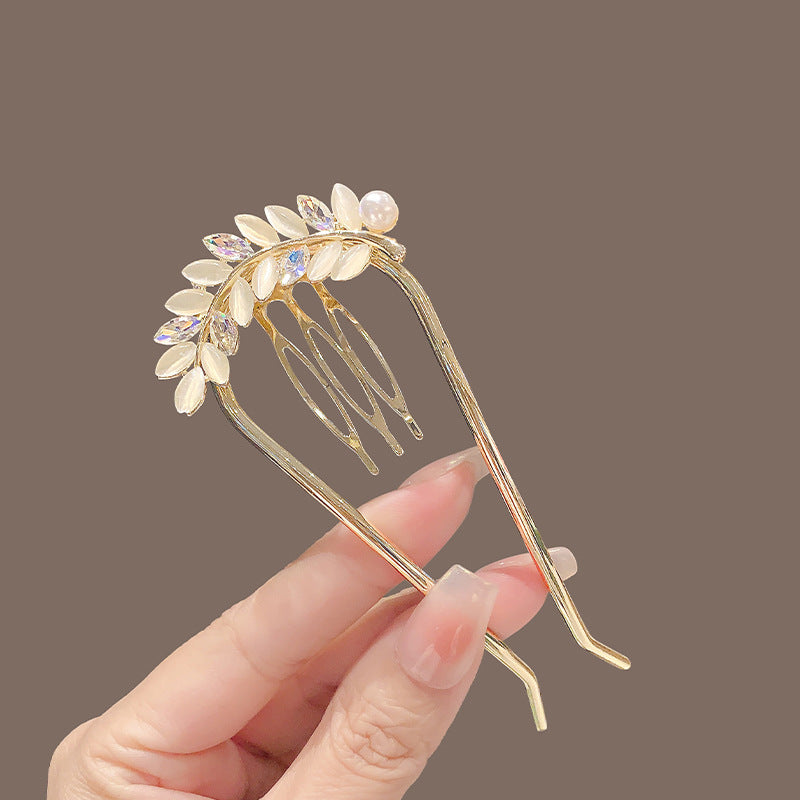 High-end Exquisite Cat Eye U-shaped Hairpin New Wheat Leaf Hair Plug Updo Hair