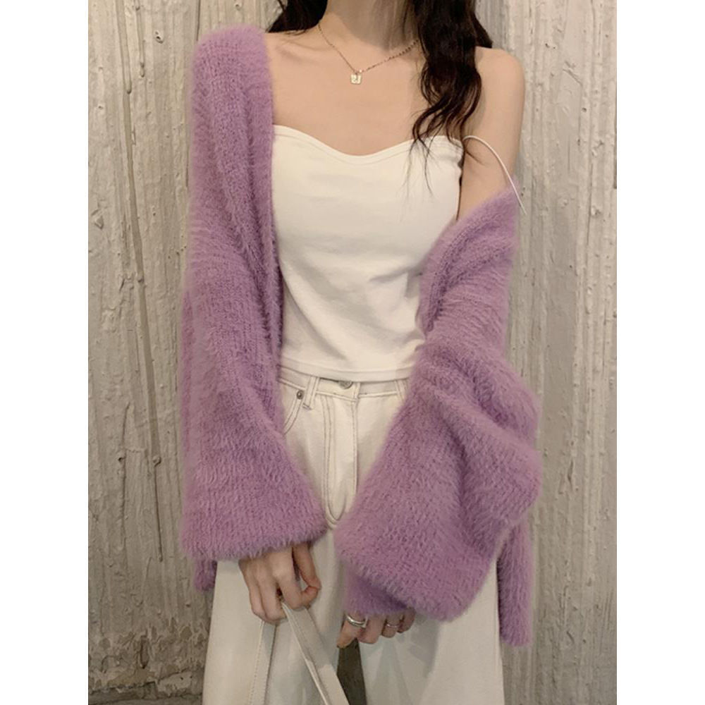 Spring And Autumn Mink-like Wool White Knitted Fabric Cardigan For Women