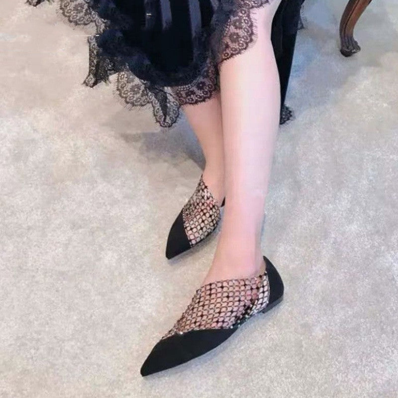 Sexy Side Hollow Flat Shoes Female Pointed Toe With Rhinestone Hollow Single