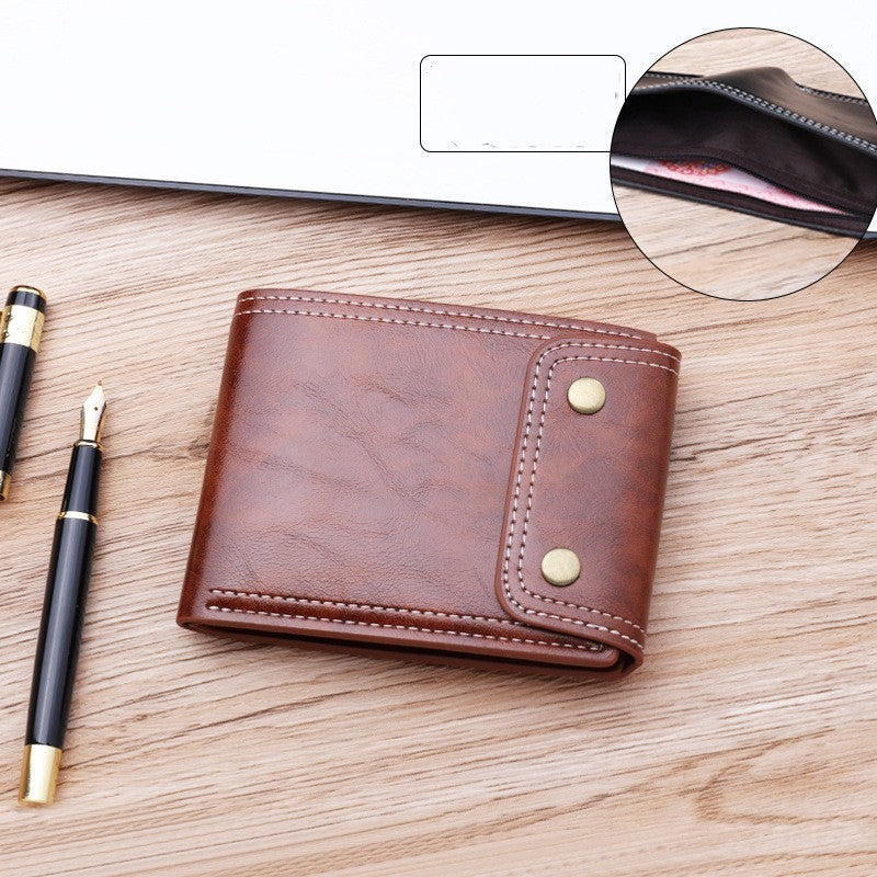 Button Purse Short Men's Money Clip Oil Wax Leather