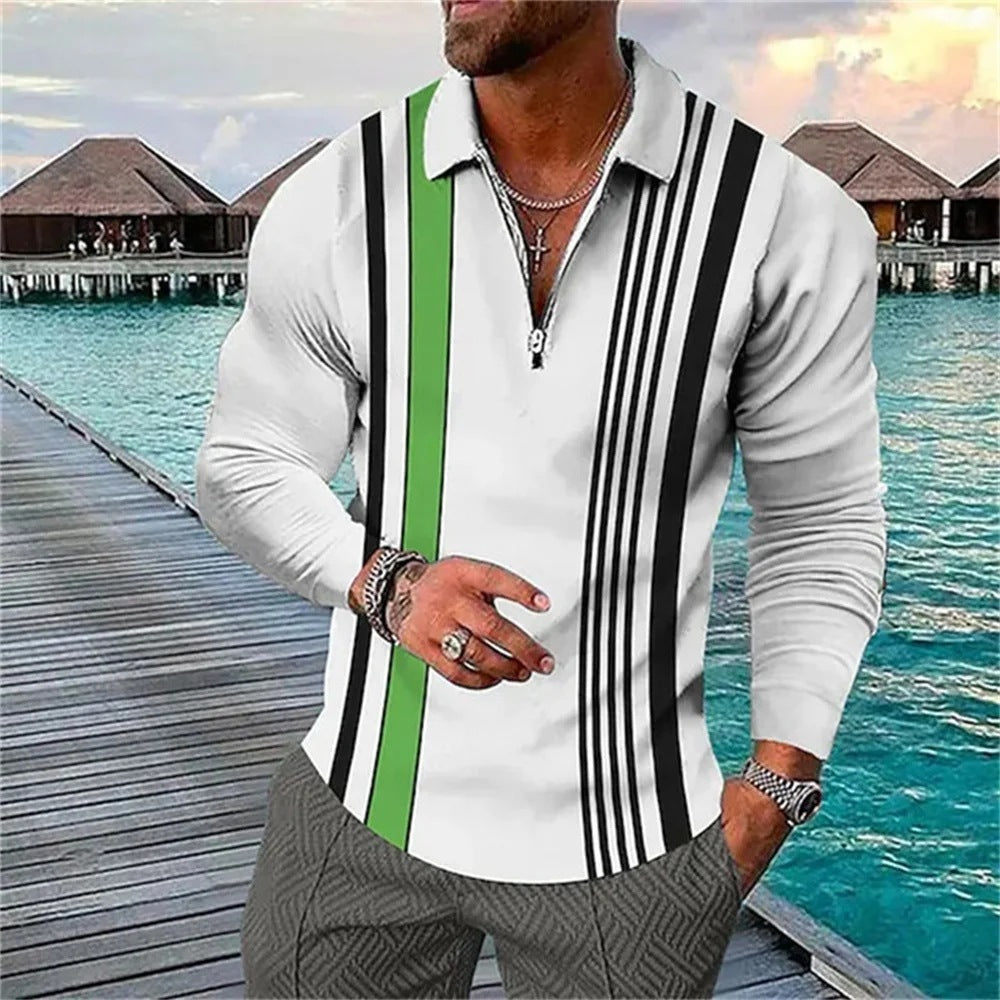 Men's Polo Shirt Long Sleeve Color Matching Zipper T-shirt Top