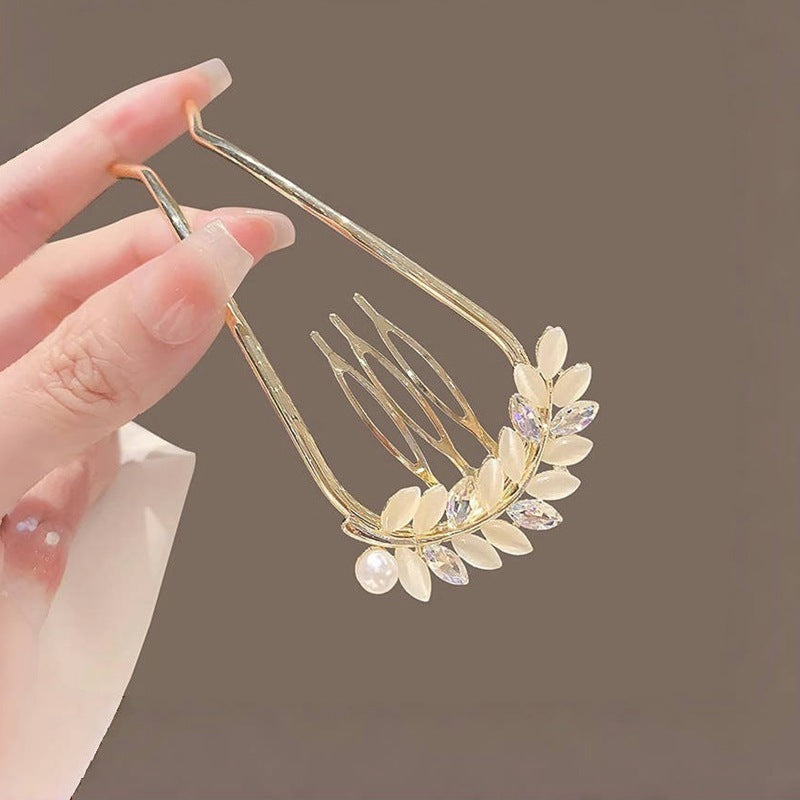 High-end Exquisite Cat Eye U-shaped Hairpin New Wheat Leaf Hair Plug Updo Hair