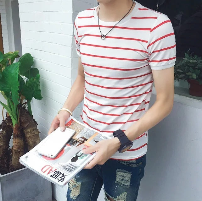 Striped short-sleeved T-shirt slim slim simple