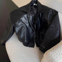 Black PU Leather Padded Shoulder Casual Short Jacket