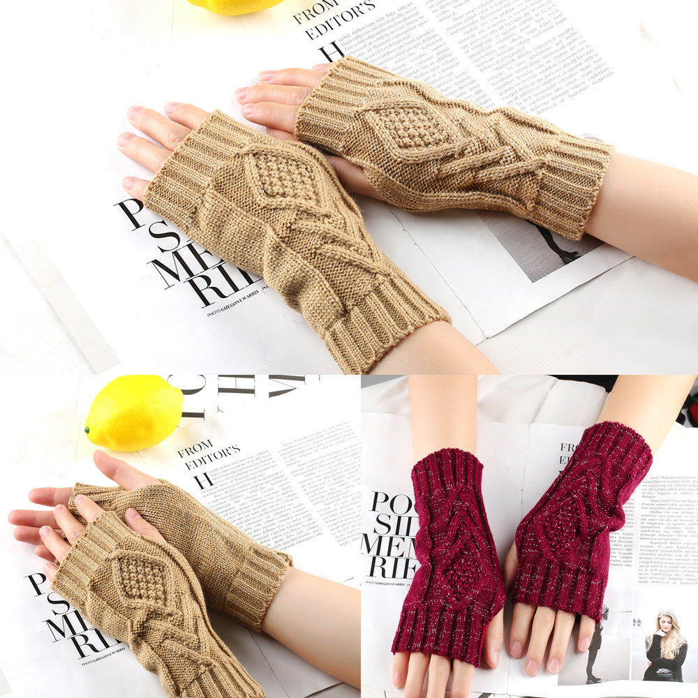 Shiny Silver Silk Knitting Wool Gloves Diamond-shaped Missing Finger