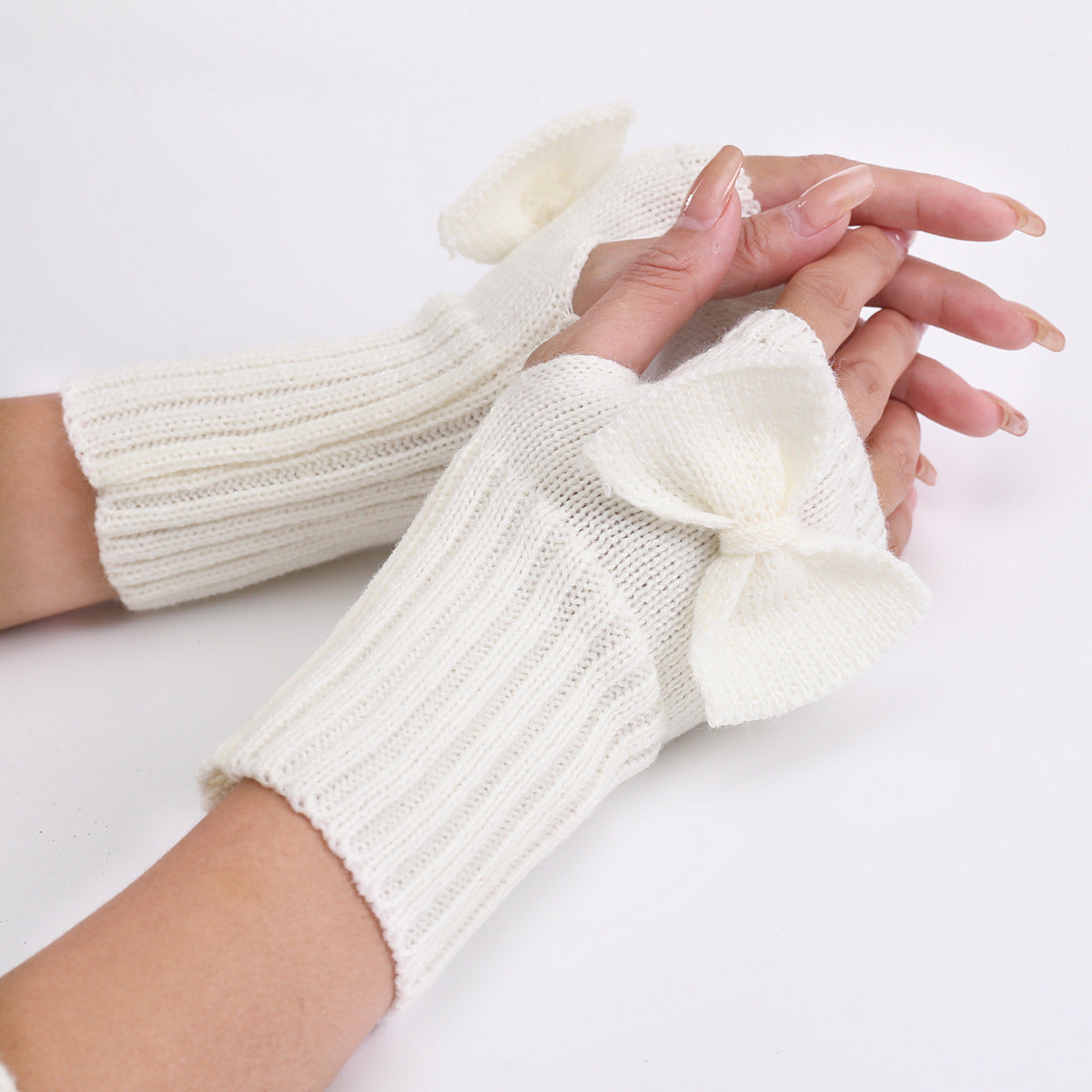 Bow Knitted Wool Keep Warm Half Finger Fingerless Gloves