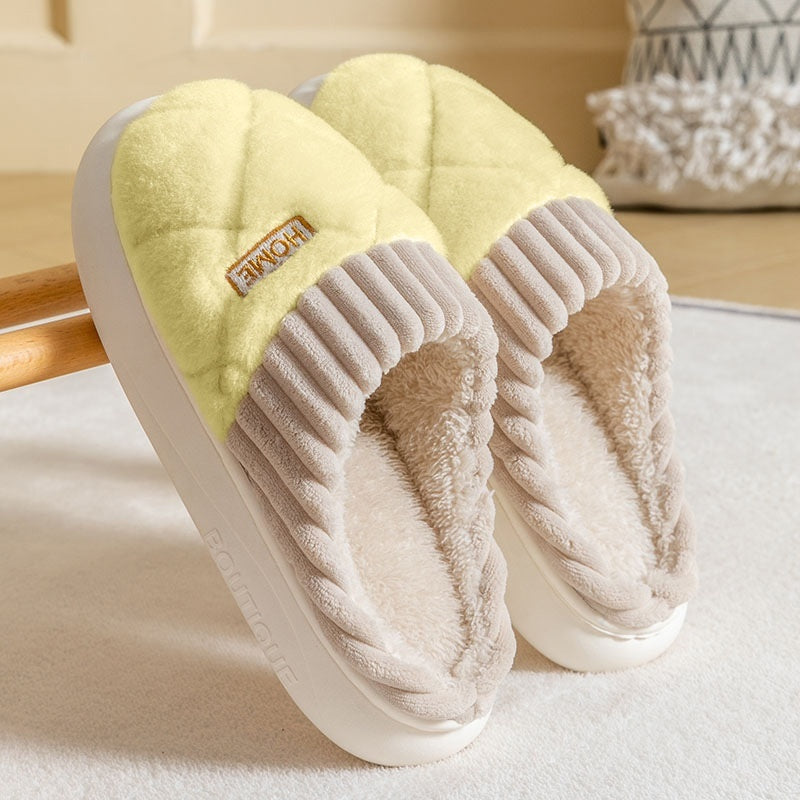 Men's Rhombic Sewing Plush Slippers Winter Warm Non-slip House Shoes For Women Bedroom Floor Home Slipper Couple