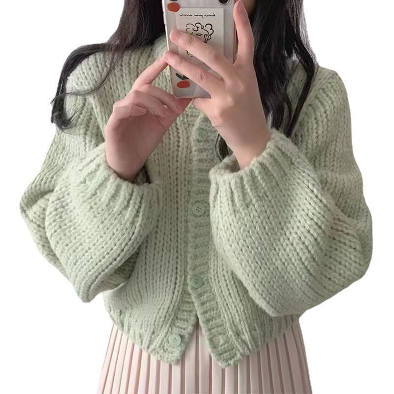 Women's Round Neck Lantern Sleeve Knitted Cardigan