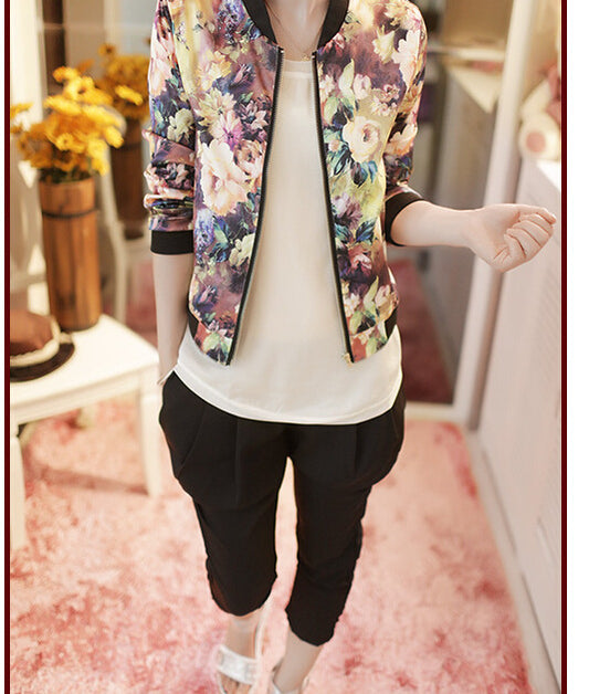 Jacket Trendy Wild Floral Zipper Stand Collar Long Sleeve Short Jacket Women