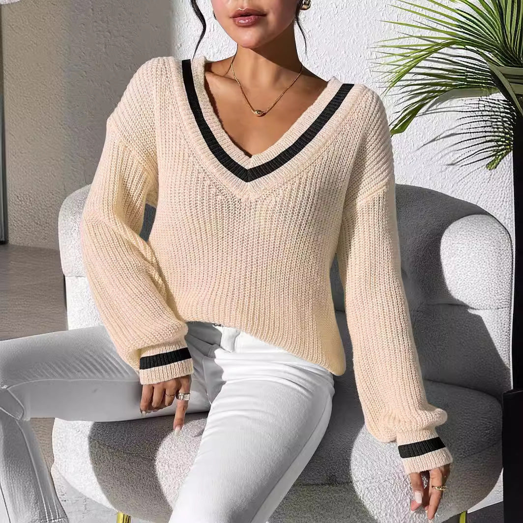 Women's Sweater Contrast Color V-neck Loose Sweater Casual