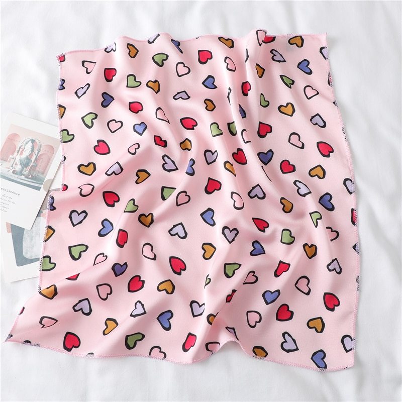 Lovely Heart Print Small Silk Scarf for Hair Tie Women Square Neck Scarves Foulard Female Bag Skinny Band Neckerchief Bandana