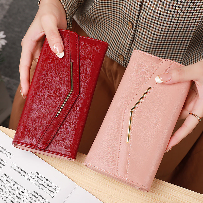 Women's Long Three-fold Stitching Fashion Multi-card-slot Leather Oil Wax Leather Large-capacity Wallet