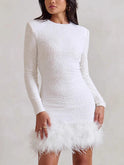 Women's Long Sleeve Sequined Feather Dress Round Neck