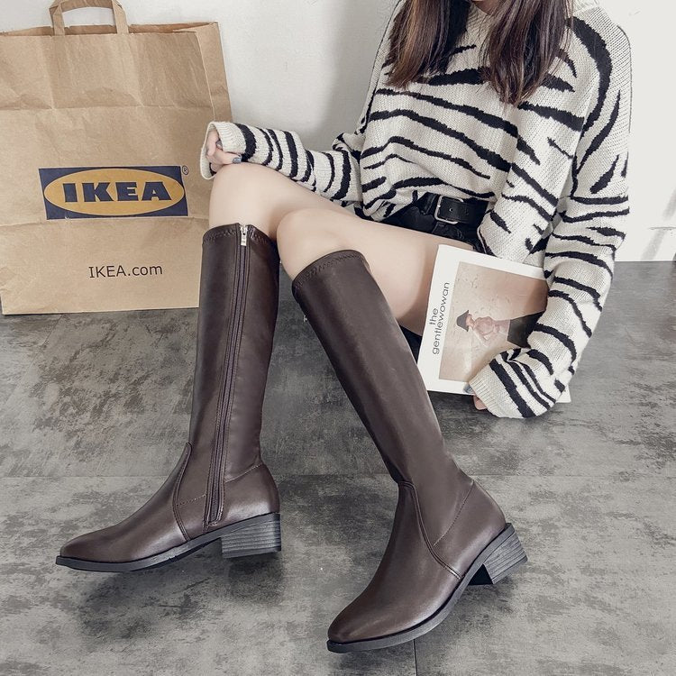 Side Zipper Chunky Heel Women's Leather Boots