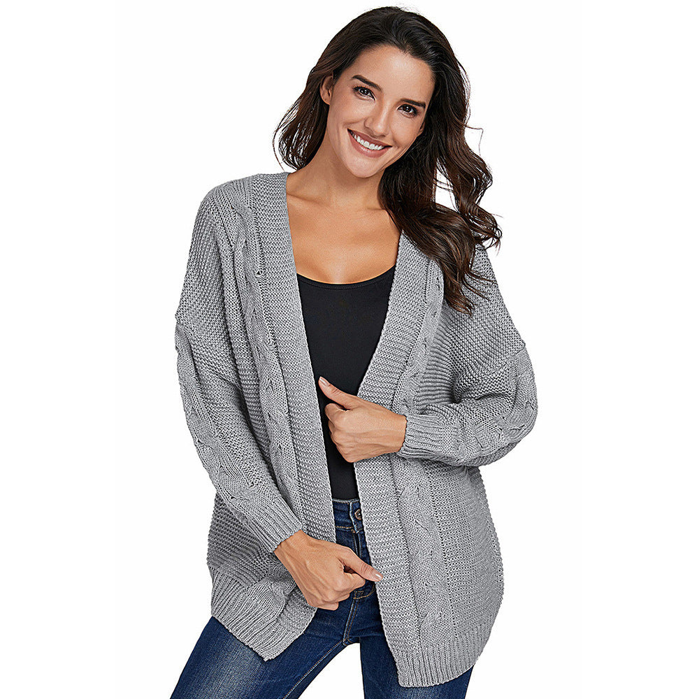 Cardigan Bat Long Sleeve Ribbed Knit Plus Size Cardigan