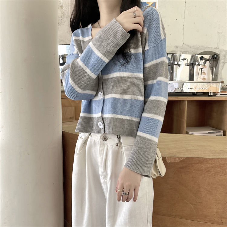 French Style Vintage Stripe Knitted Cardigan Outer Wear Short Sweater For Women