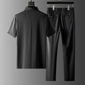 Men's Ice Silk Stripes Casual Short Sleeve Trousers Suit