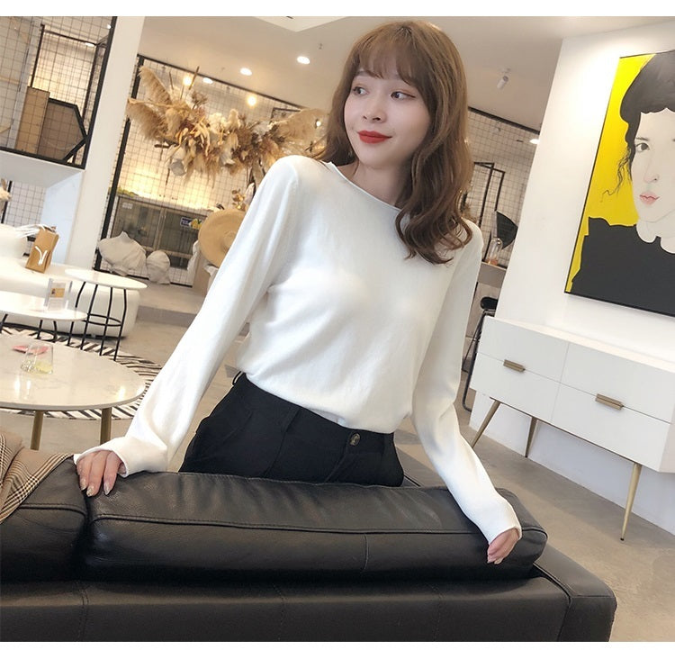 Women's Fashion V-neck Knit Thin Long-sleeved Top T-shirt