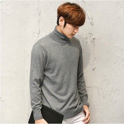 Knit Sweater Men High Neck Pullover Solid Color Slim Fit