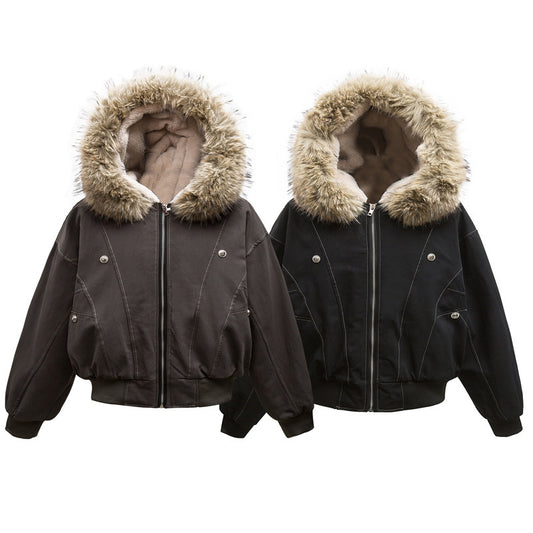 High Street Line Splicing Fur Collar Hood Cotton Coat Jacket