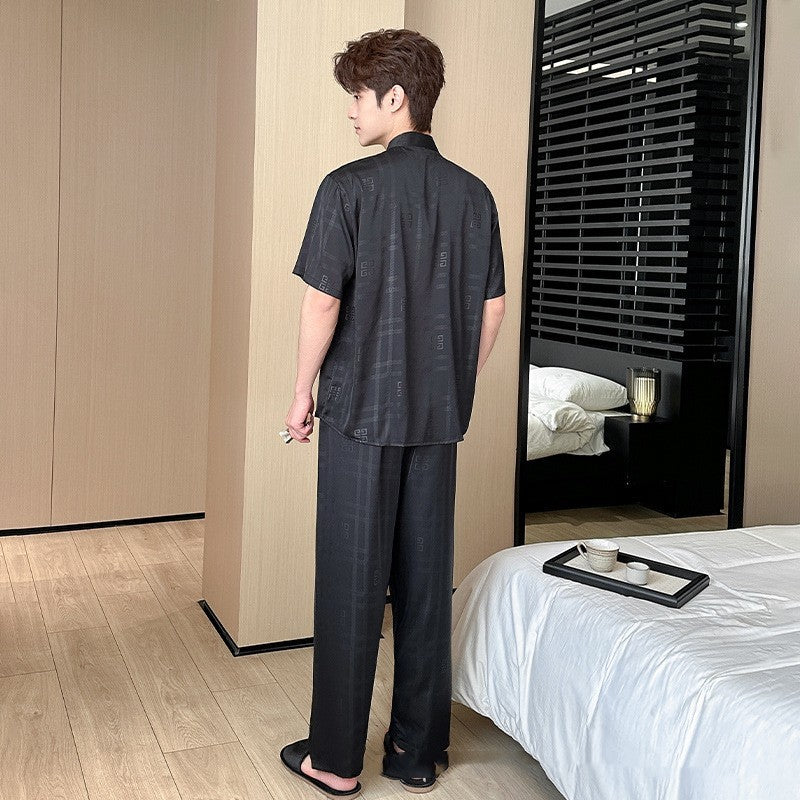 Summer Men's Pajamas Ice Silk Trousers Short Sleeve Suit