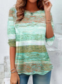 Round Neck Long Sleeve Striped Tie-dye Casual Top