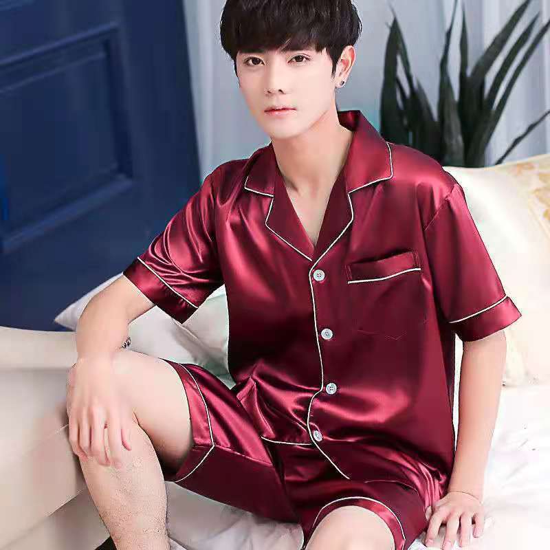 Men's Imitation Silk Short-sleeved Cardigan Shorts Suit