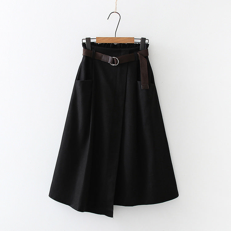 Solid Color Leisure Artistic Pocket High Waist Slimming Irregular Midi Skirt