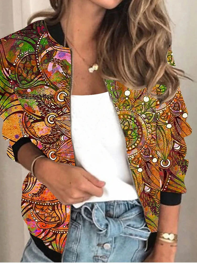 New Loose Stand Collar Cardigan Print Coat Women's Clothing