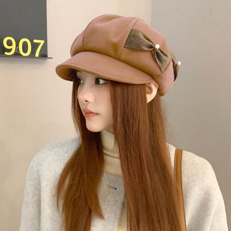 Fashion Pearl Bow Makes Face Look Small Beret Trendy