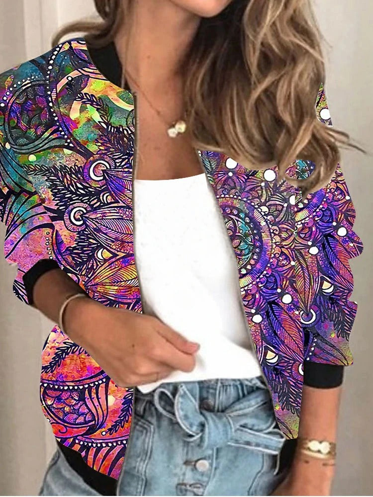 New Loose Stand Collar Cardigan Print Coat Women's Clothing