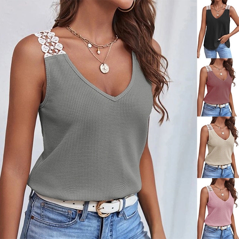 Waffle V-Neck Vest Sleeveless Lace Tank Shirt Tops Summer