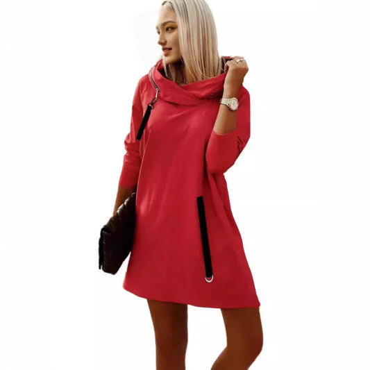 Autumn And Winter Loose Zipper Hooded Long Sleeve Dress