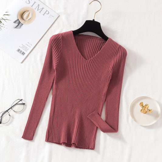 New V-neck Long Sleeve Base Knitting Autumn All-matching Slim Fit Tight Pullover Sweater