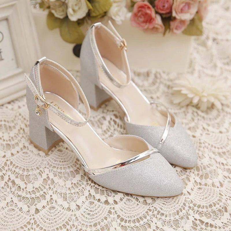 Sequined Wedding Shoes Women's Thick Heel Buckle