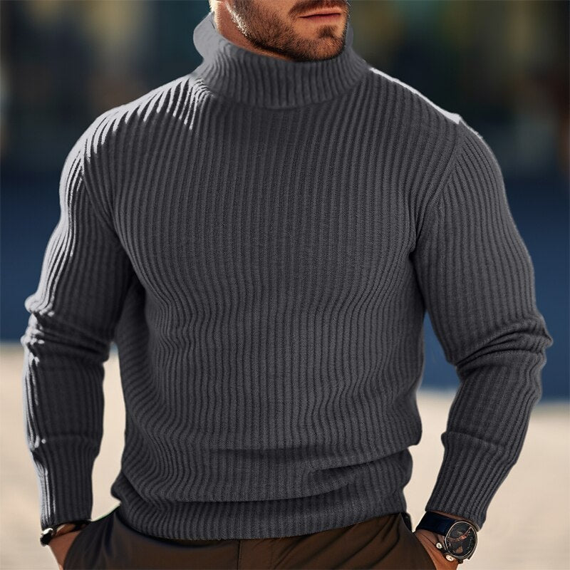 Autumn And Winter Turtleneck Solid Color Striped Sweater Men