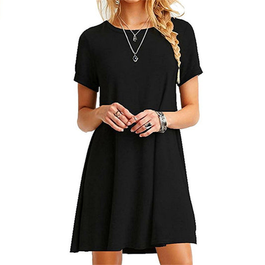 Summer short sleeve loose plus size solid color dress