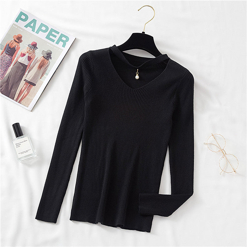 Autumn And Winter New V-neck Long-sleeved T-shirt Women Slim Slim Fashion