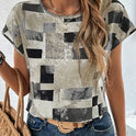 Women's Chic Geometric Aztec Print T-Shirt - Casual Crew Neck, Durable Non-Stretch Fabric, Ideal For Summer Wear