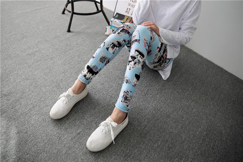 Spring Graffiti Milk Silk Ink Painting Elastic Leggings Wholesale