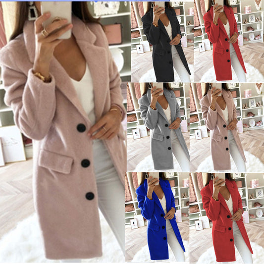 Solid Color Suit Collar Mid-Length Double-Breasted Woolen Coat