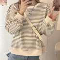 Korean Style Loose Design Striped Top Round Neck