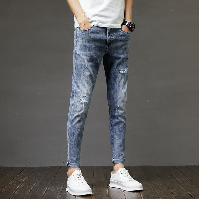 Men's Ripped Denim Slim-fitting Ankle Length Trousers Pants