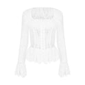 Women's White Lace Long-sleeved Square-neck Top