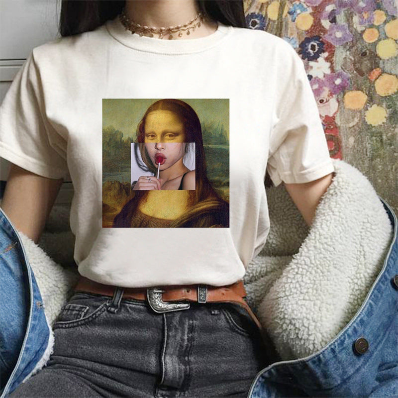 Women's Summer Spoof Oil Painting Print Round Neck T-shirt Top