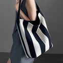 Black And White Contrast Color Wide Shoulder Striped Canvas Bag