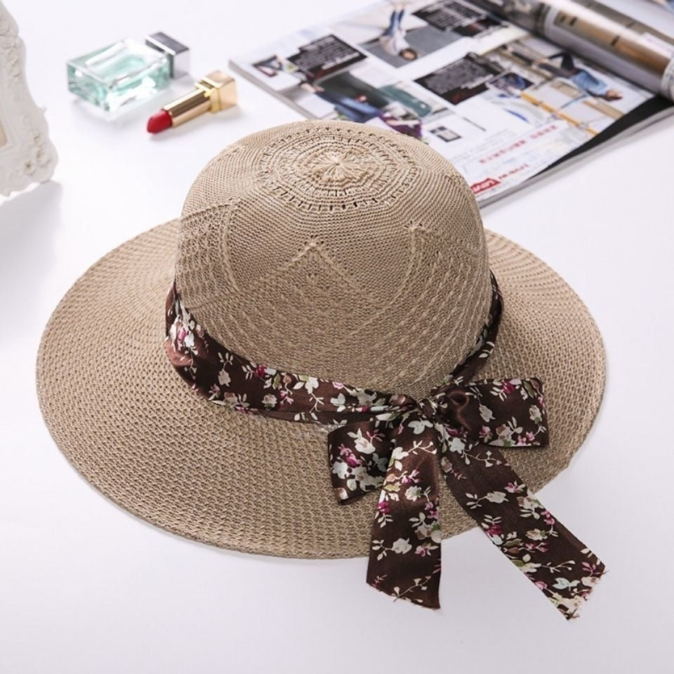 Dome Large Brim Monochrome Bow Straw Hat