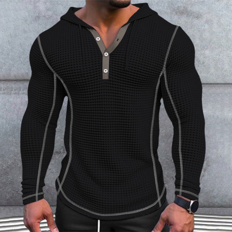 Men's Waffle Button Hoodie T-shirt Top Holiday Long Sleeve Casual Fashion