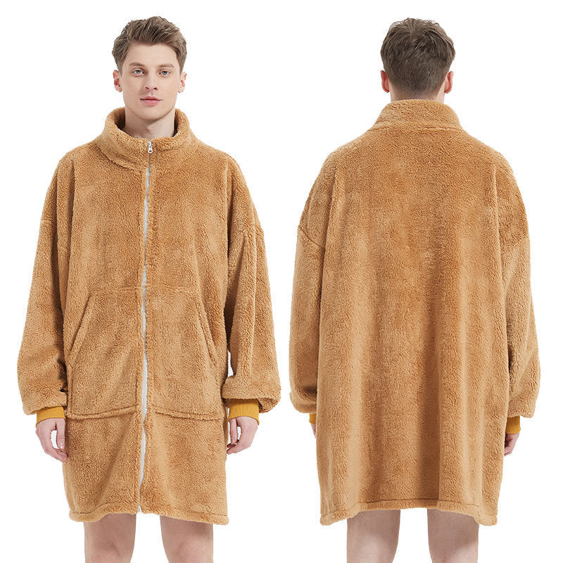 Men's Camel Fleece Zipper Cardigan Nightgown