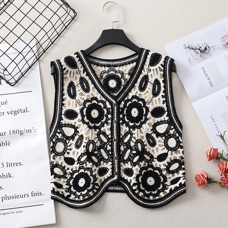 Spring Outdoor Irregular V-neck Vest Female Hollow Embroidery Vest Jacket Cardigan Outerwear Top